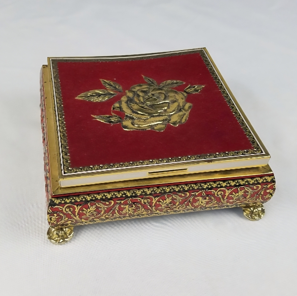 Vtg Blue Bird Confectionery velvet embossed rose litho tin box England, romantic